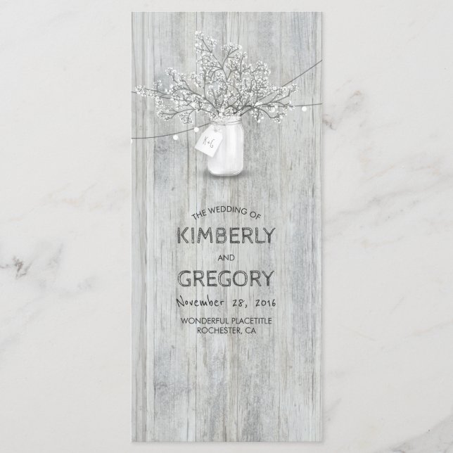Rustic Mason Jar Baby's Breath Wedding Programs (Front)