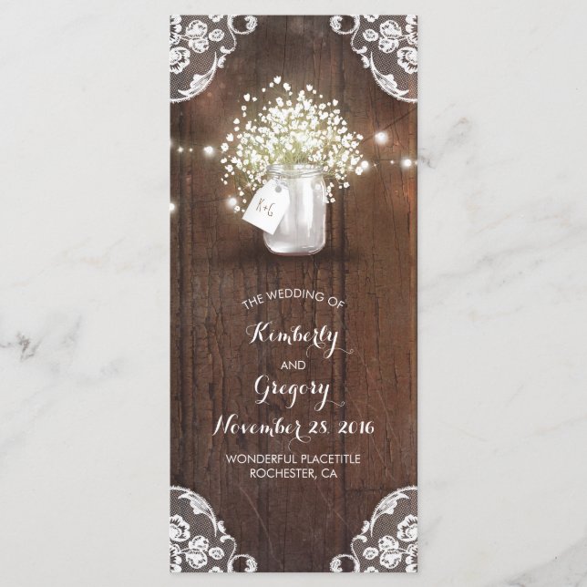Rustic Mason Jar Baby's Breath Wedding Programs (Front)