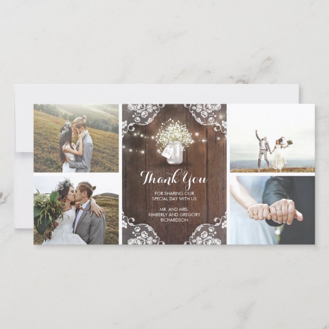 Rustic Mason Jar Baby's Breath Wedding Thank You (Front)