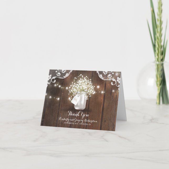 Rustic Mason Jar Baby's Breath Wedding Thank You Card (Front)
