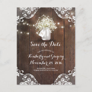 Rustic Mason Jar Baby's Breath Wood Save the Date Announcement Postcard