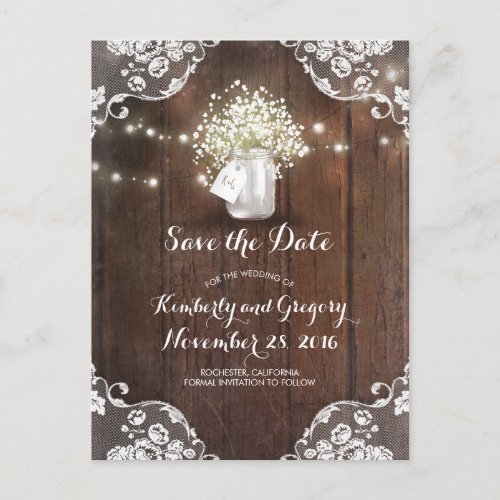 Rustic Mason Jar Babys Breath Wood Save the Date Announcement Postcard