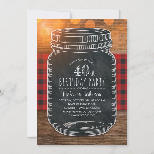Rustic Mason Jar Backyard 40th Birthday Party Invitation (Front)