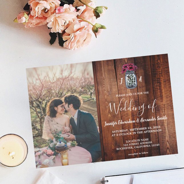 Rustic Mason jar barn wood monogram photo Wedding Invitation (Rustic barn wood mason jar monogrammed photo wedding  invitation.)