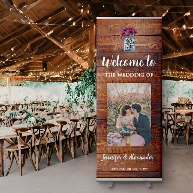 Rustic mason jar barn wood photo country wedding retractable banner (Rustic barn wood mason jar, photo wedding banner)