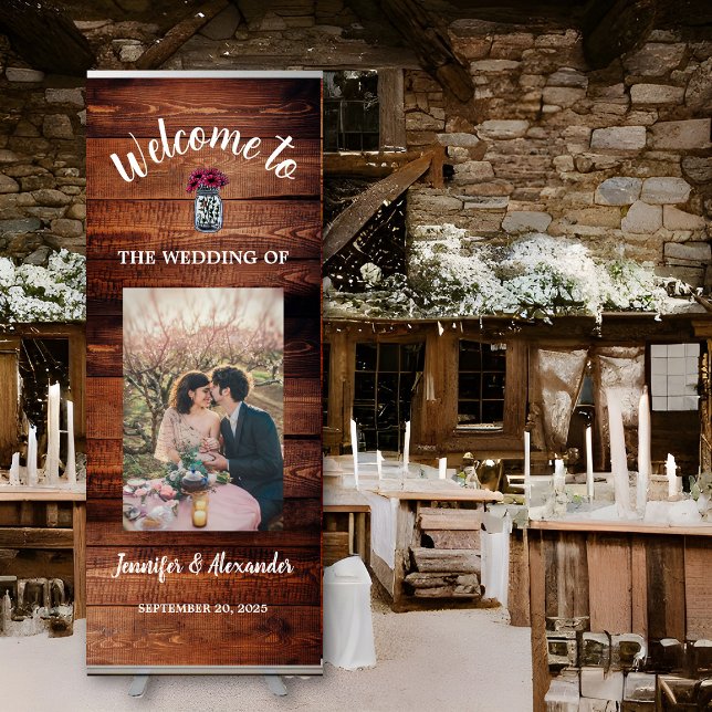 Rustic mason jar barn wood photo country wedding retractable banner (Rustic welcoming mason jar photo wedding retractable banner. You can add your own text and photo.)