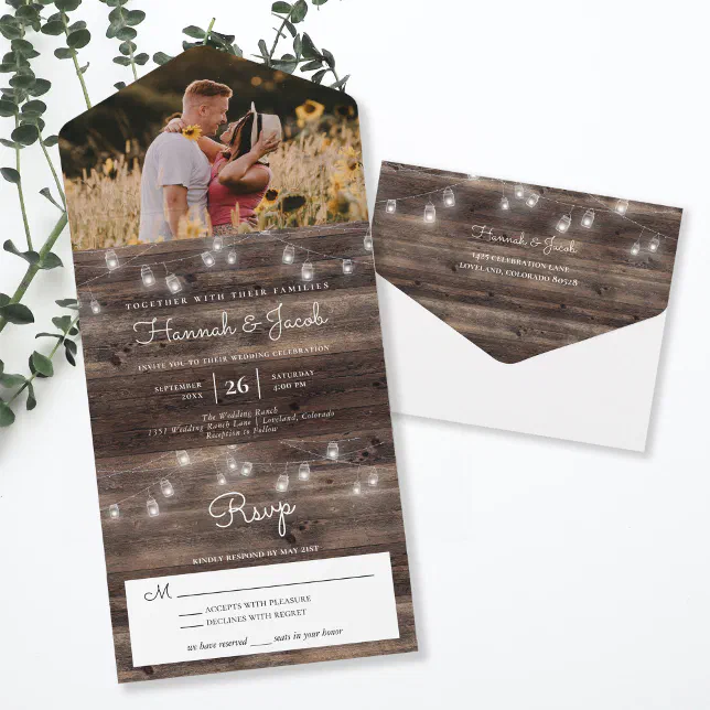 Rustic Mason Jar Barn Wood Photo Wedding All In One Invitation | Zazzle