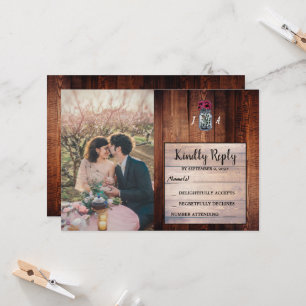 Rustic mason jar barn wood photo wedding RSVP card