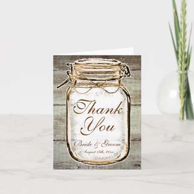 Rustic Mason Jar Barn Wood Wedding Thank You Cards | Zazzle