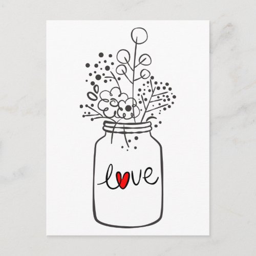 Rustic Mason Jar Black and White Love Flowers Postcard