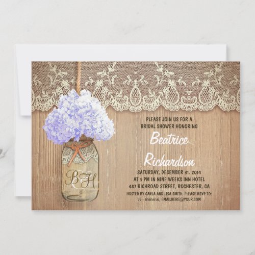 rustic mason jar blue hydrangea bridal shower invitation