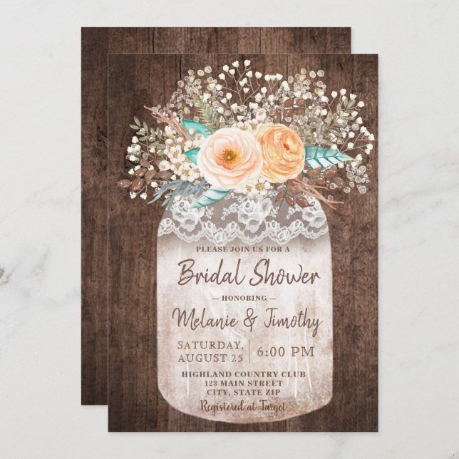 Rustic Mason Jar Boho Bridal Shower Invitations (Front/Back)