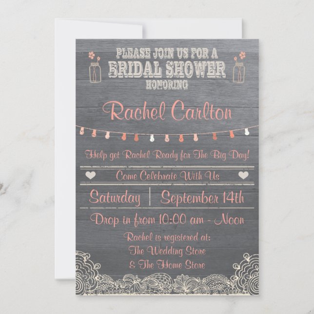 Rustic Mason Jar Bridal Shower Invitation Coral (Front)