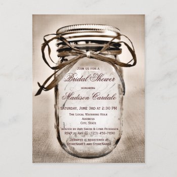Rustic Mason Jar Bridal Shower Invitation Postcard by RusticCountryWedding at Zazzle