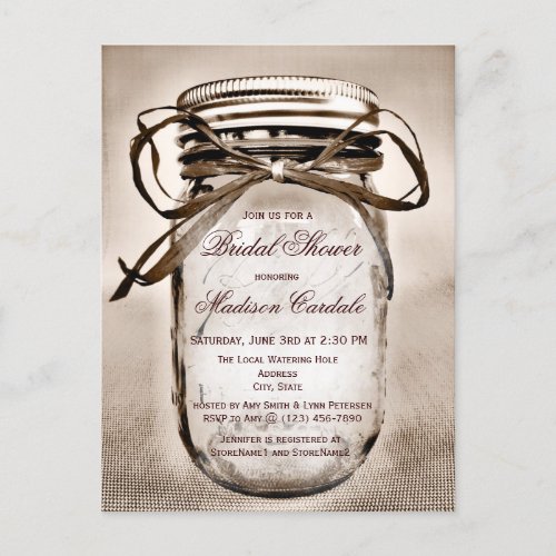 Rustic Mason Jar Bridal Shower Invitation POSTCARD
