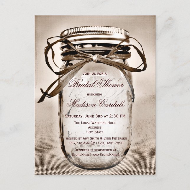 Rustic Mason Jar Bridal Shower Invitation POSTCARD (Front)