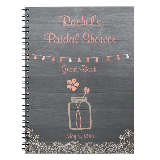 Rustic Mason Jar Bridal Shower Notebook Coral (Front)