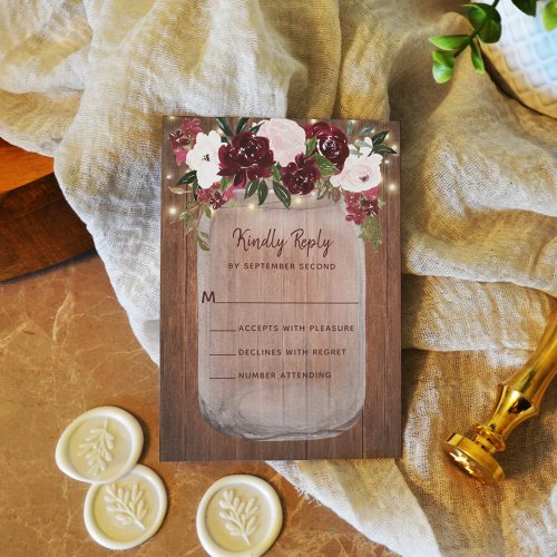 Rustic Mason Jar Burgundy Blush Floral Wedding RSVP Card