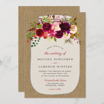 Rustic Mason Jar Burgundy Floral Wedding Invites by lemontreeweddings at Zazzle