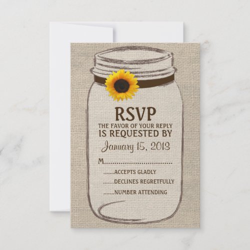 Rustic Mason Jar &amp; Burlap and Sunflower RSVP Card