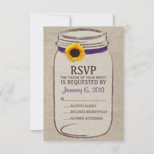 Rustic Mason Jar &amp; Burlap and Sunflower RSVP Card
