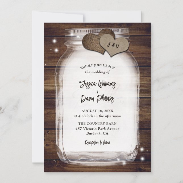 Rustic Mason Jar Burlap Hearts Barn Wood Wedding Invitation (Front)