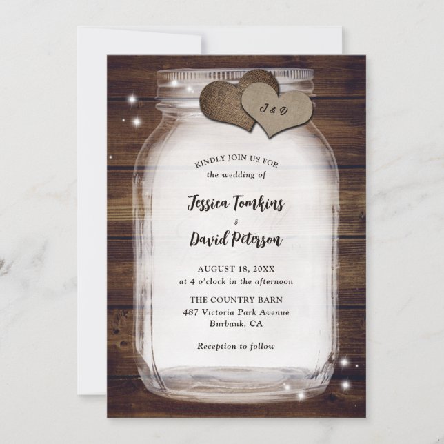 Rustic Mason Jar Burlap Hearts Barn Wood Wedding Invitation (Front)