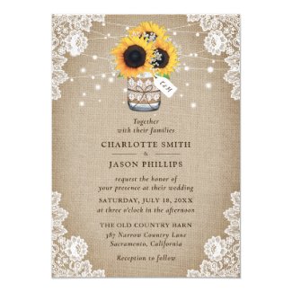 Rustic Mason Jar Burlap Lace Sunflower Wedding Invitation