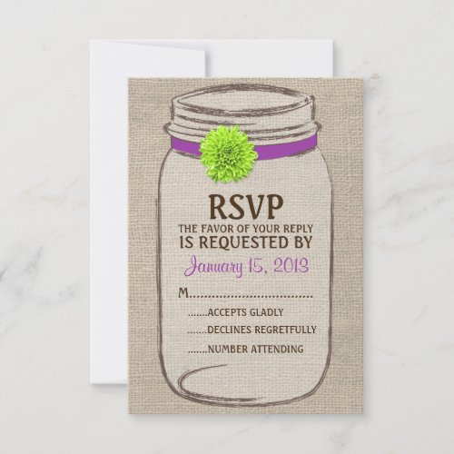 Rustic Mason Jar &amp; Burlap Purple Green RSVP Card
