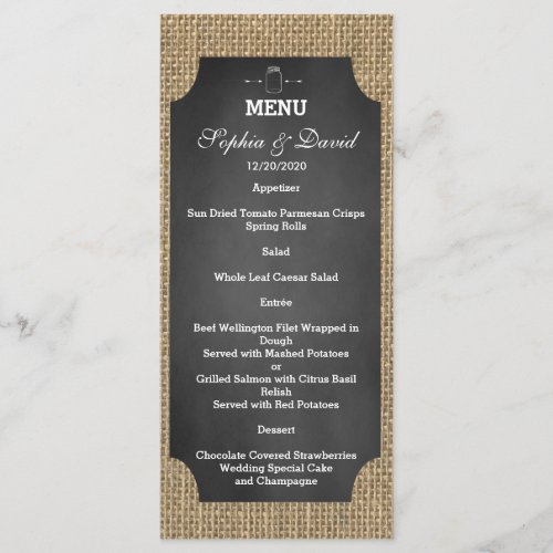 Rustic Mason Jar Burlap Wedding Menu