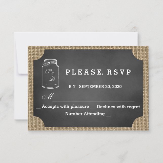 Rustic Mason Jar Chalkboard Burlap Wedding RSVP Card (Front)