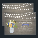 Rustic Mason Jar Couples Wedding Shower Invitation<br><div class="desc">A rustic couples wedding shower invitation featuring mason jar,  Purple & Yellow flowers,  and string lights on a wood background.</div>