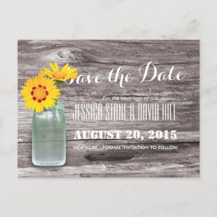 Rustic Mason Jar & Daisy Wood Save the Date Announcement Postcard