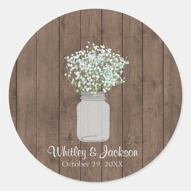 Rustic Mason Jar Envelope Seals, Wedding Favor Classic Round Sticker (Front)