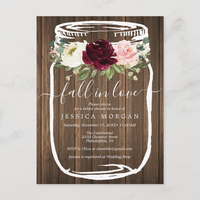 Rustic Mason Jar Fall In Love Bridal Shower Invite (Front)