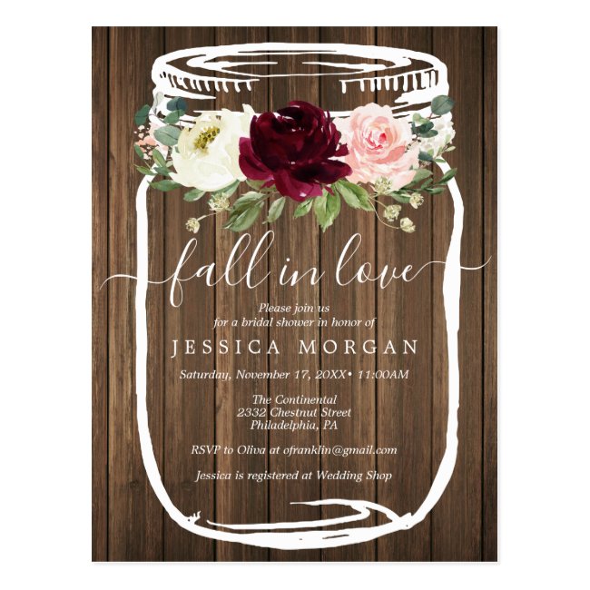 Rustic Mason Jar Fall In Love Bridal Shower Invite