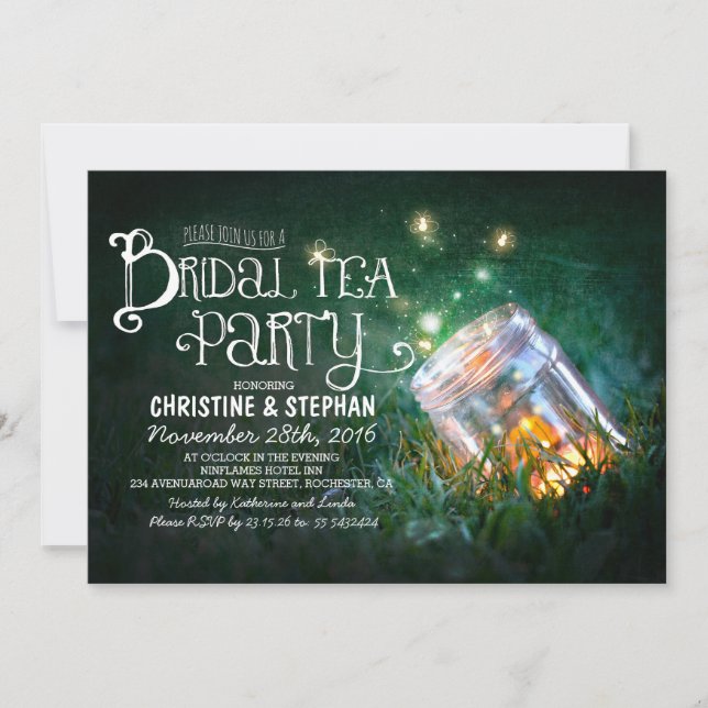 rustic mason jar & fireflies bridal tea party invitation (Front)