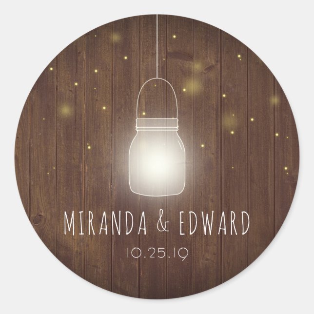 Rustic Mason Jar Fireflies Wedding Favor Classic Round Sticker (Front)