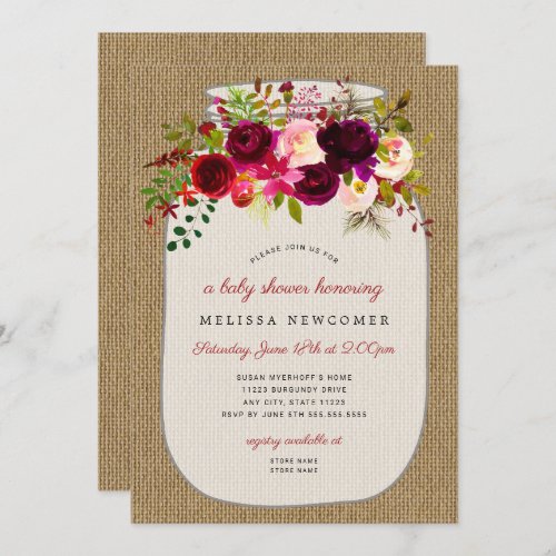 Rustic mason jar floral baby shower invitation