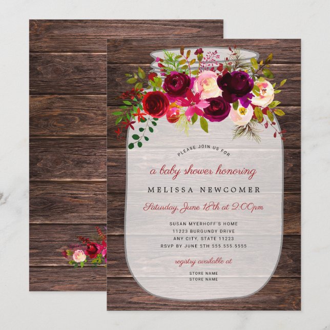 Rustic Mason jar floral baby shower invitations (Front/Back)