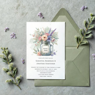 Rustic Mason Jar Floral Bouquet Wedding | Invitation