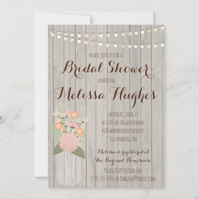 Rustic Mason Jar Floral Bridal Shower Invitations (Front)