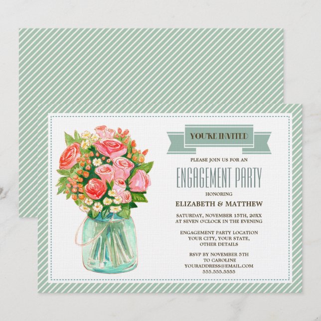 Rustic Mason Jar Floral Engagement Party  Invitation (Front/Back)