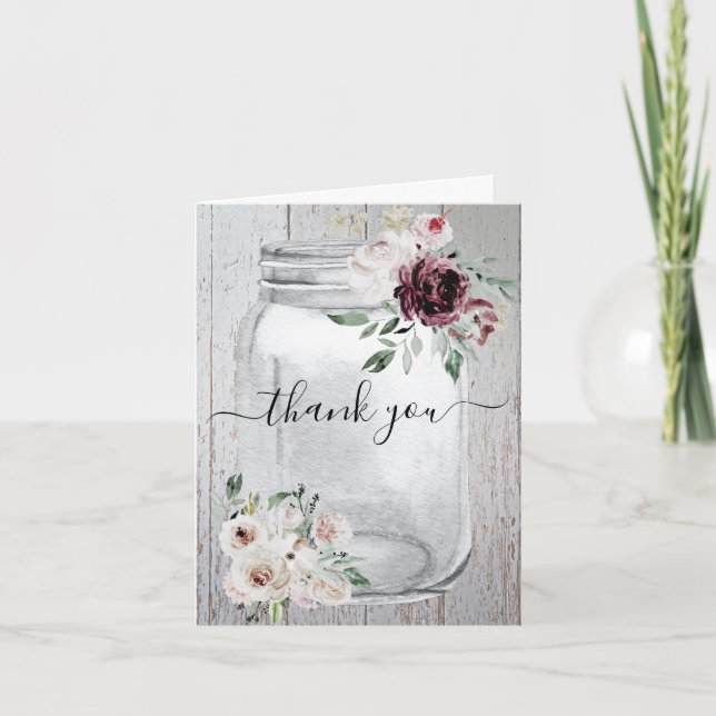 Rustic Mason Jar Floral Letterpress Thank You Card (Front)