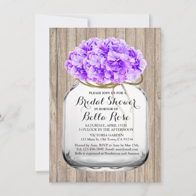Rustic mason jar floral purple bridal shower hyd3 invitation (Front)