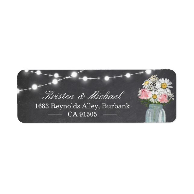 Rustic Mason Jar Floral String Lights Chalkboard Label (Front)