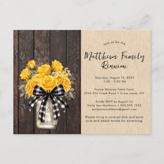 Rustic Mason Jar Floral Wood Family Reunion Announcement Postcard