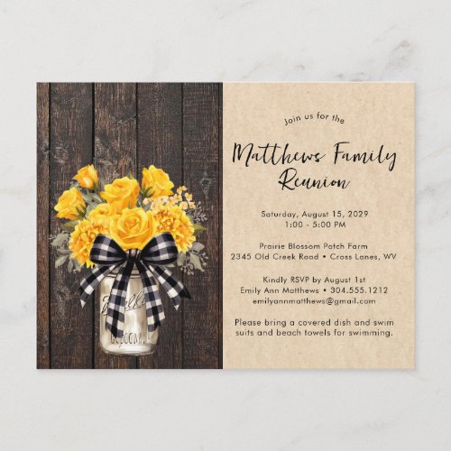 Rustic Mason Jar Floral Wood Family Reunion  Announcement Postcard