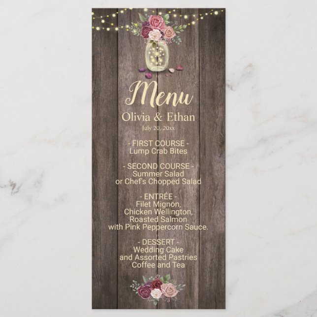 Rustic Mason Jar Floral Wood Wedding Menu (Front)