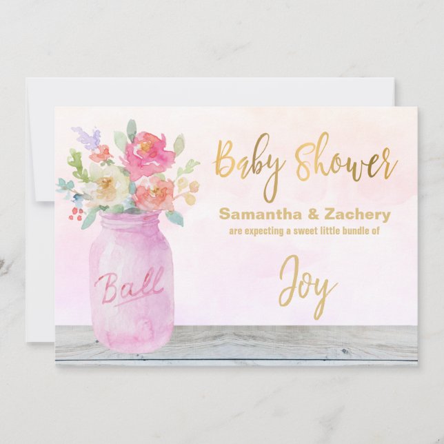 *~* Rustic Mason Jar Flowers Peach Baby Shower Invitation (Front)